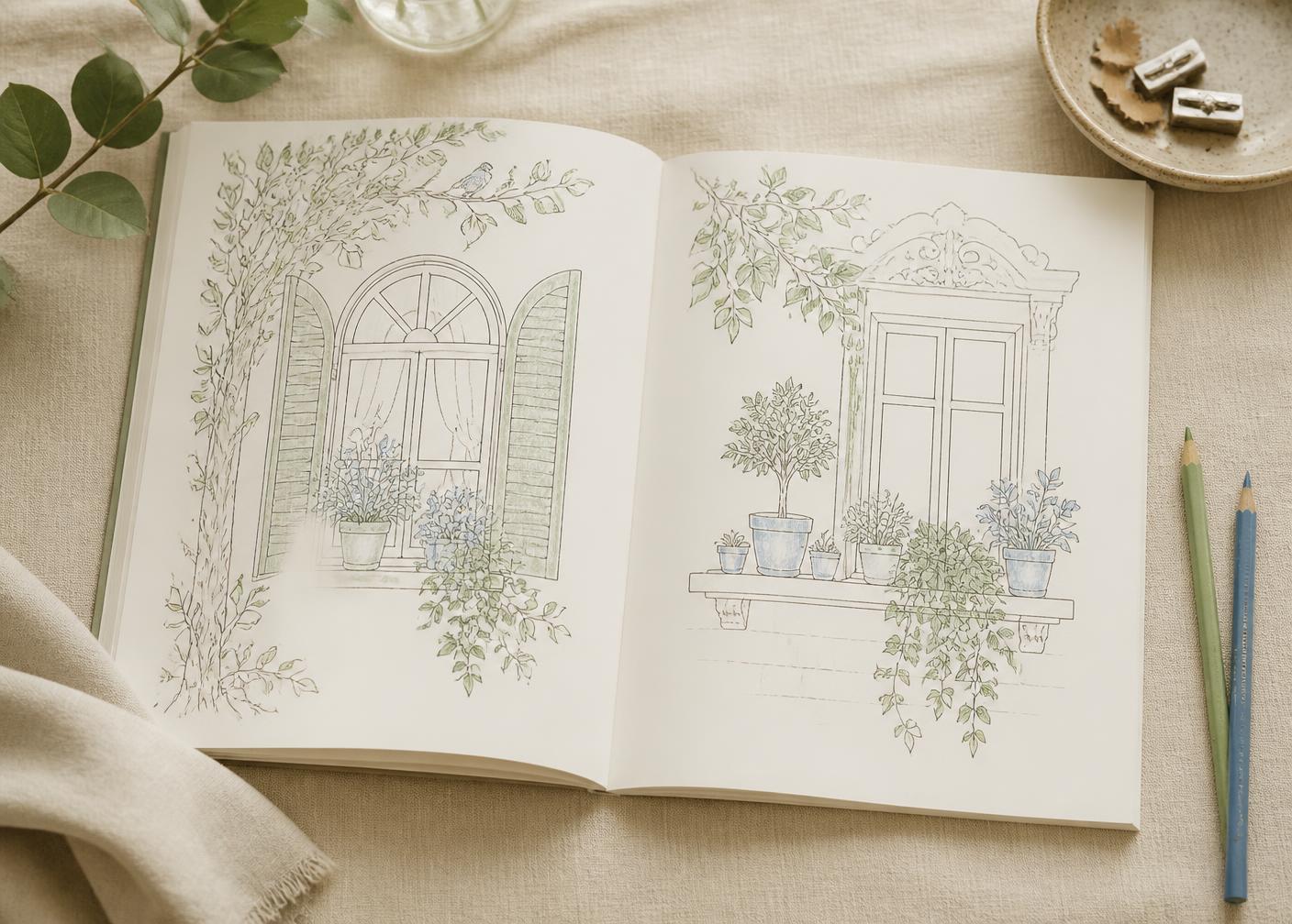 Arriving open to a partly coloured illustration of a window and plants