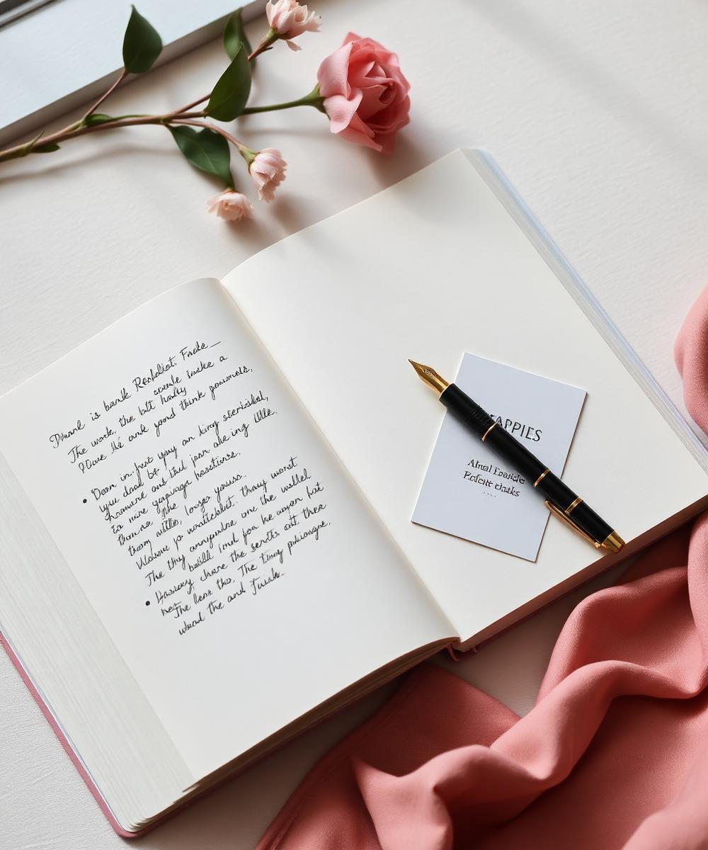 An open reflection journal with handwriting, a card deck and a pen
