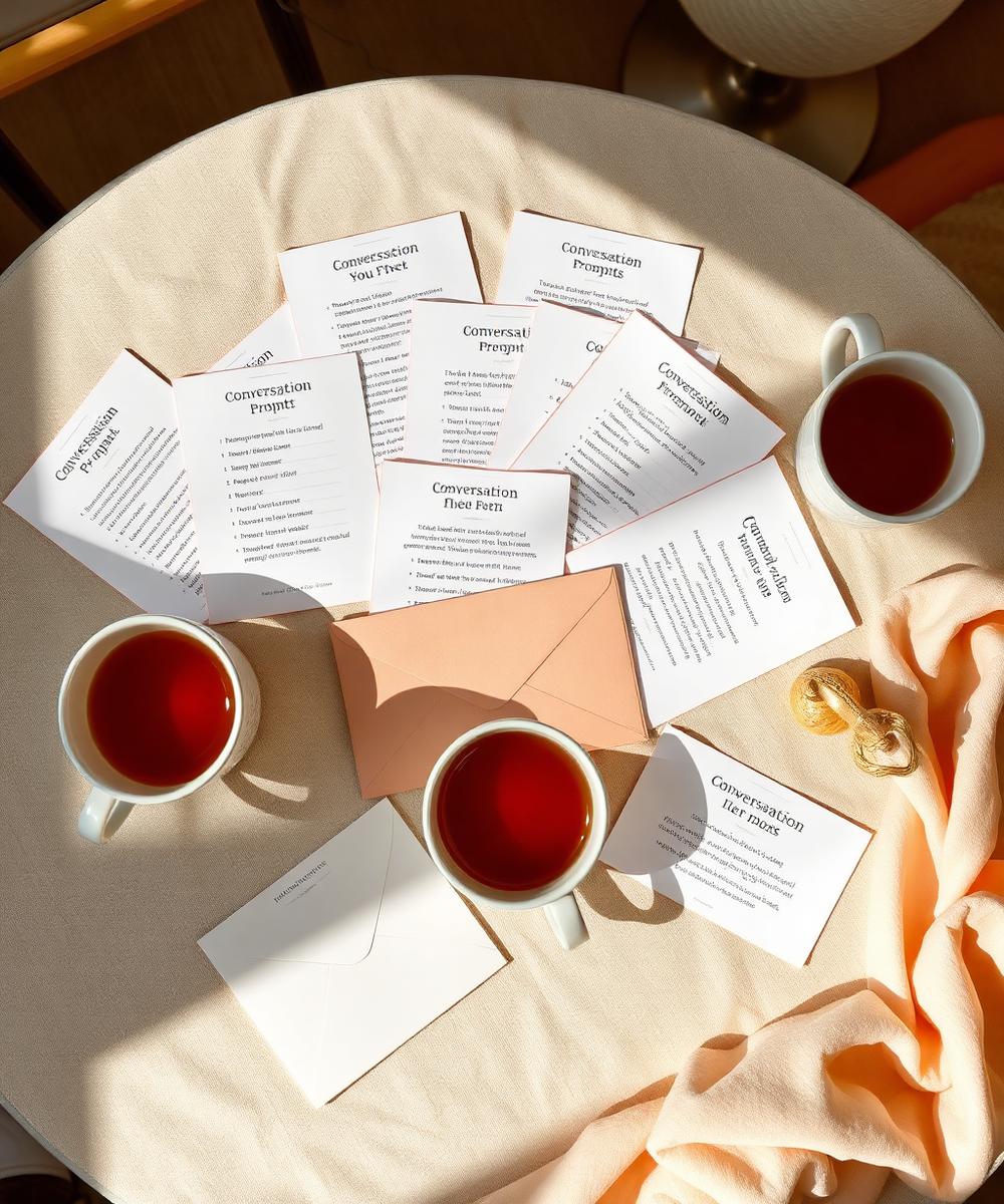 Conversation prompt cards fanned out beside two cups of tea