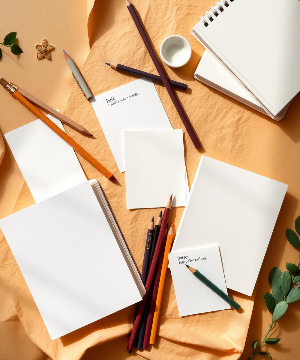 Sketchbooks, prompt cards and coloured pencils on warm ivory paper