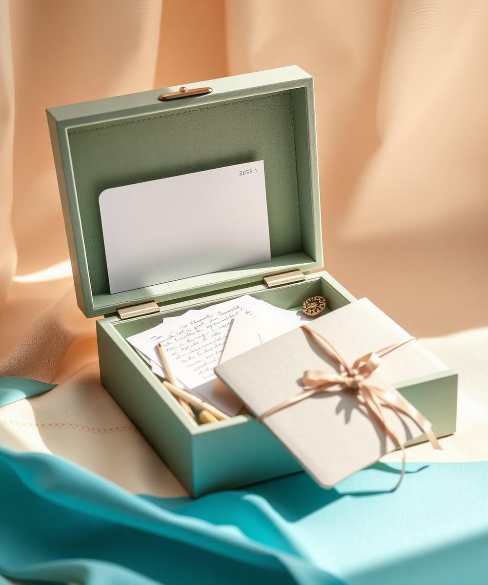 A sage green keepsake box open, holding letters and small mementos