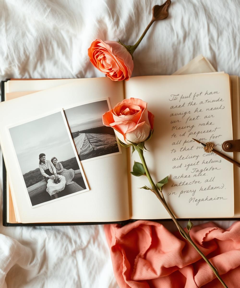 An open photo album with printed photographs and handwritten notes