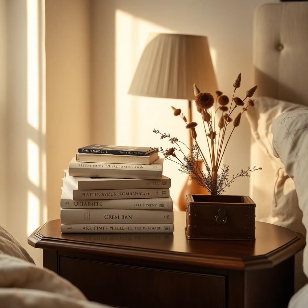 Books and a keepsake box on a bedside table