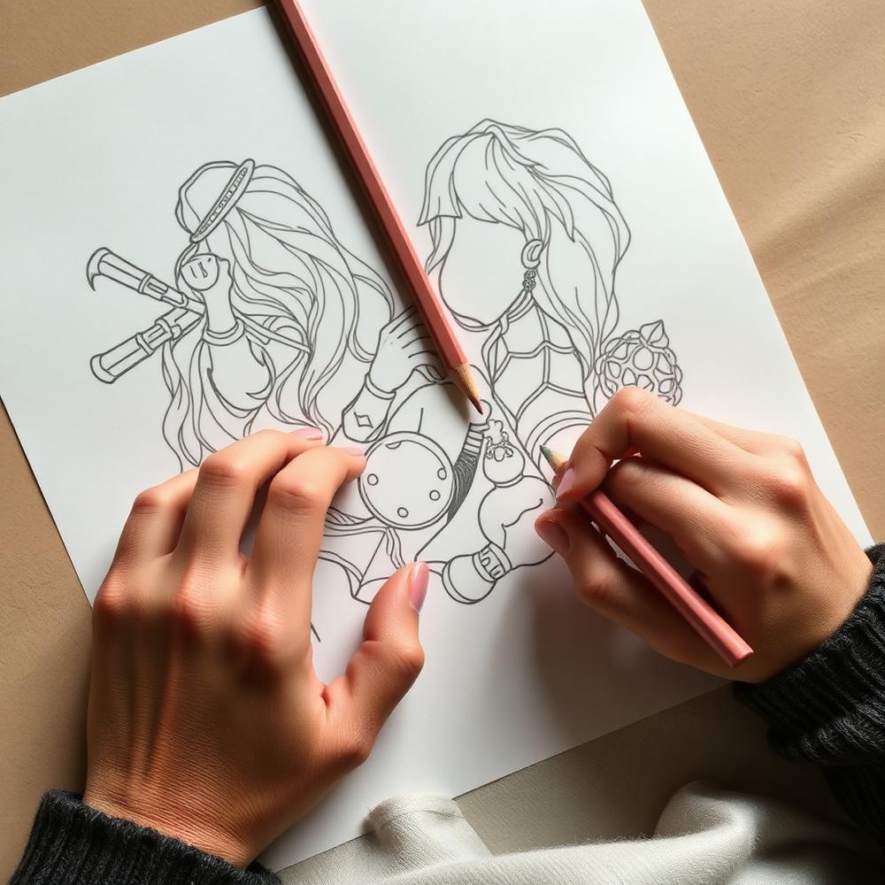 Hands colouring with coloured pencils