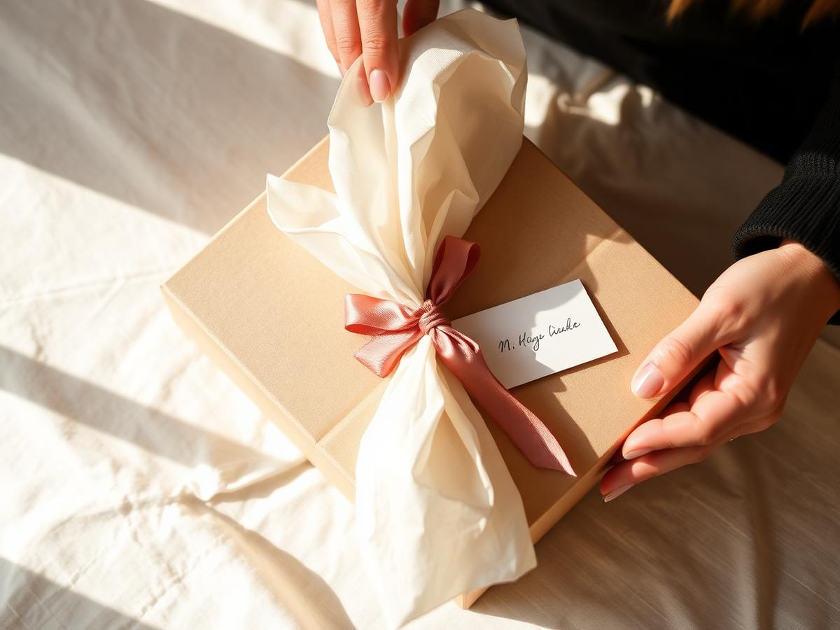 Ivory packaging with tissue and a rose ribbon
