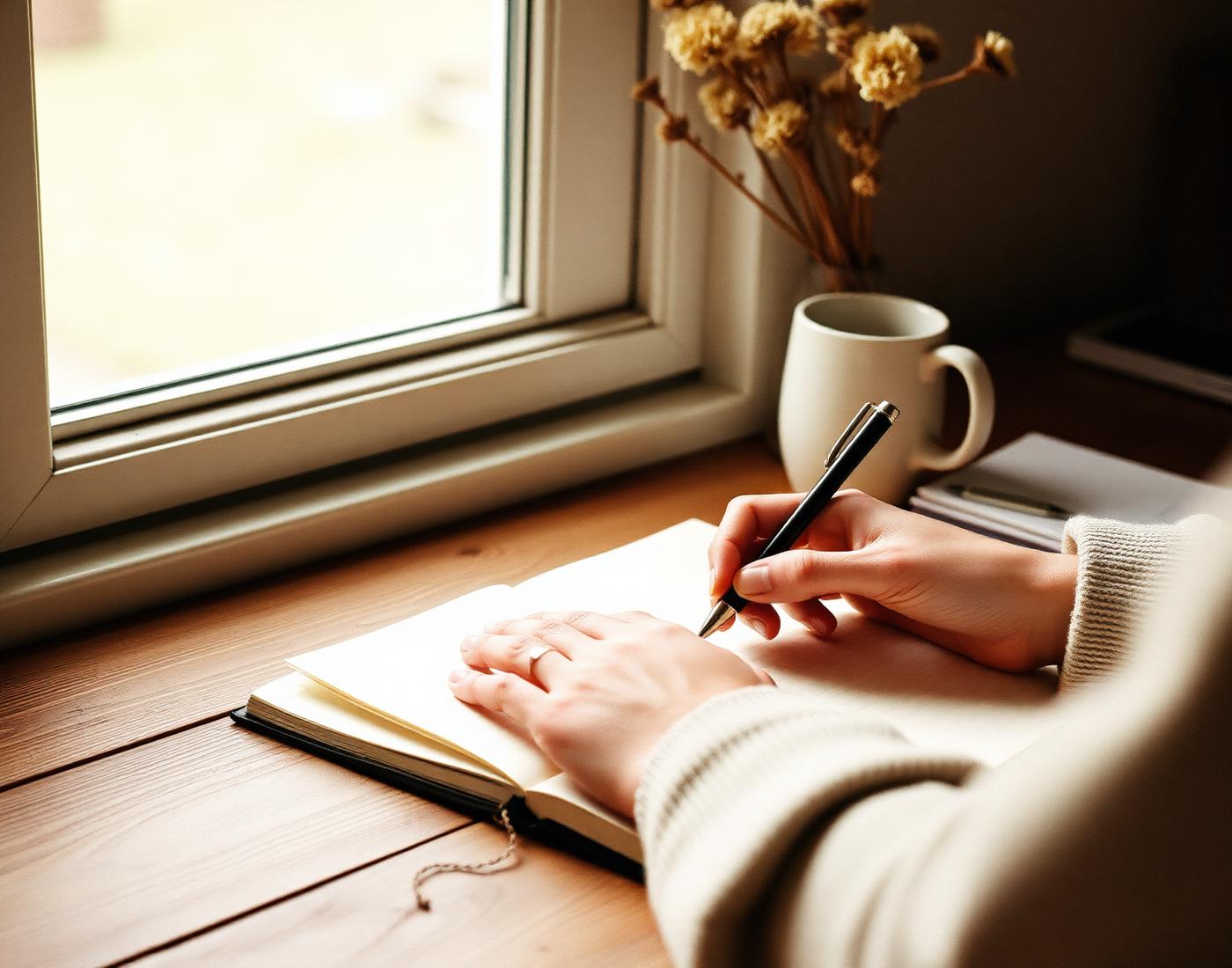 Someone writing in a cream journal at a wooden desk by a window